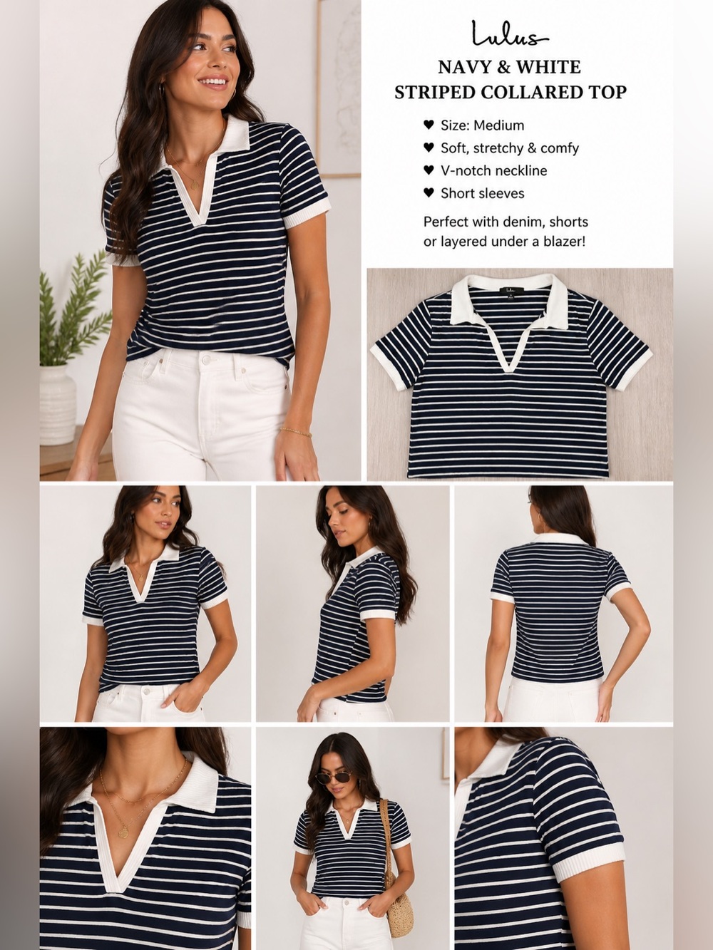 Lulu's Navy & White Striped Collared V-Notch Tee/Preppy/Coastal Vibes 💙